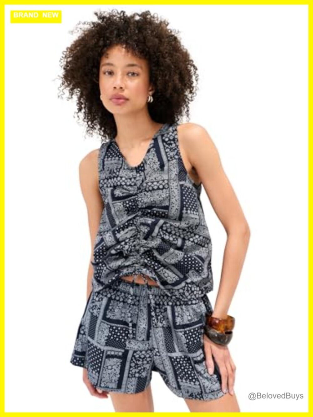 Sleeveless Ruched Bandana Print Tank Top Lightweight Poplin